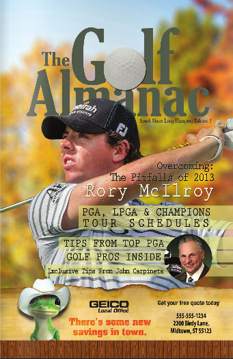 Cover of the magazing The Golf Almanac and Priority One Marketing Group that is not a scam says Molly Management.